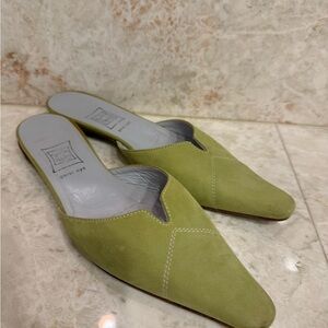 Green suede open back pointy loafers